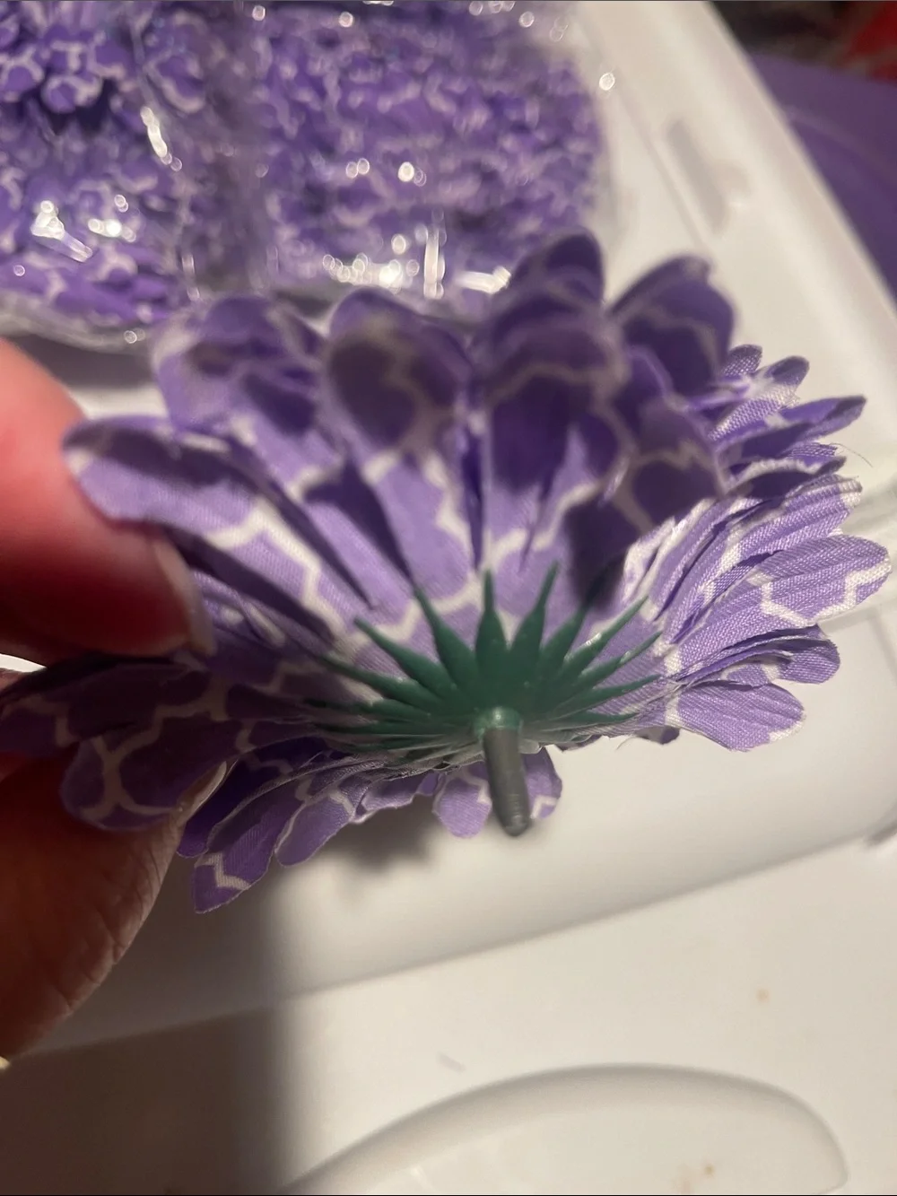 Purple & White Floral Fabric Flowers diy 3 dozen large crafts rhinestone Center